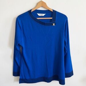 Misook cobalt blue black trim broach sweater top size medium